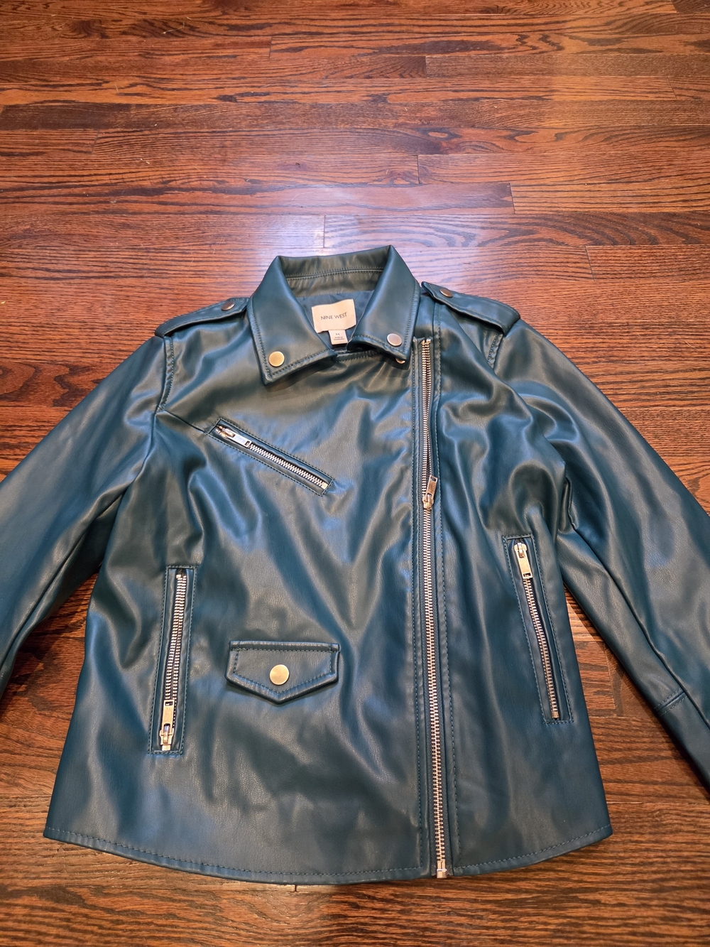 Nine West Faux Leather Moto Jacket in a deep teal green Size M